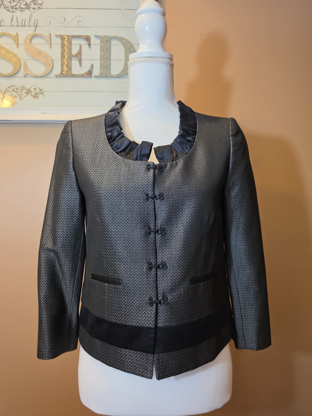 ANTONIO MELANI Black Textured Mandarin Jacket with Ruffle Collar